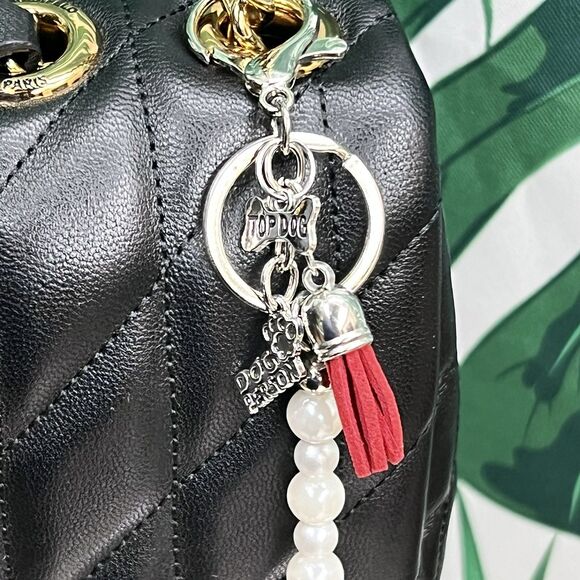 DOG PERSON Bag Charm Keychain Multi Faux Pearl Suede Tassel Bone Paw Pendant - Picture 3 of 11